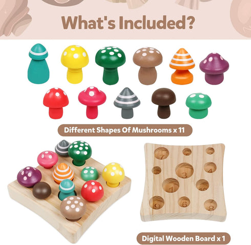 Wooden Toys Mushroom Toy, Harvest Game Montessori Educational Learning Shape Sorting & Number Matching for Ages 3+