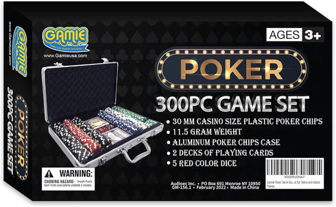 Gamie Poker Set in Aluminum Case, Casino Kit with 300 Chips, 2 Decks of Cards, 5 Dice, Fun Game Night Supplies