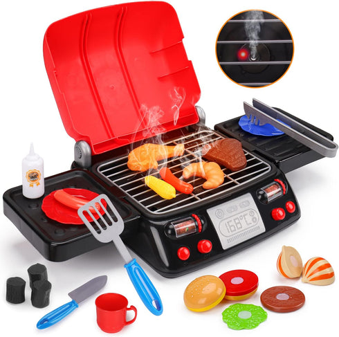 Kids Play Food Grill with Pretend Smoke Sound, Light Kitchen Playset BBQ Accessories for Toddler Girl Boy, 2-6 Year Old