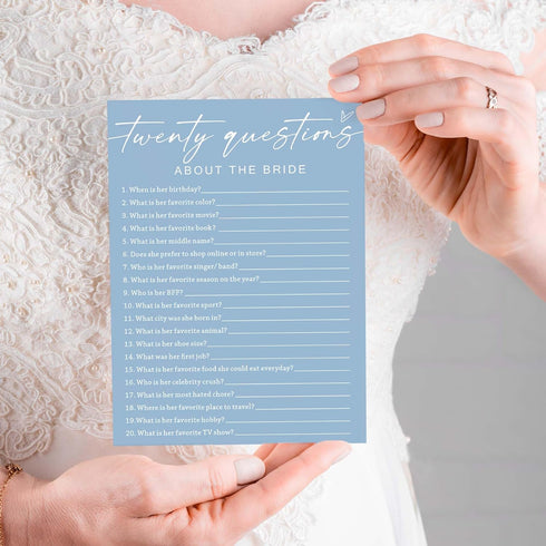 Bridal Shower Games Cards, Twenty Questions about The Bride, Engagement Party Wedding Games for 25 Guests, Minimalist