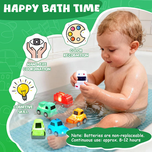 JoiTale 6 Pack 1 2 3 Baby Bath Toys, Light Up Cars Bath Toys, No Hole No Mould Bathtub Toy for Year Olds, Flashing LED