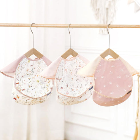 3-pack 6-36 GRSSDER Mess Proof Baby Feeding Bibs with Food Catcher Pocket, Soft Lightweight Waterproof Fabric Material