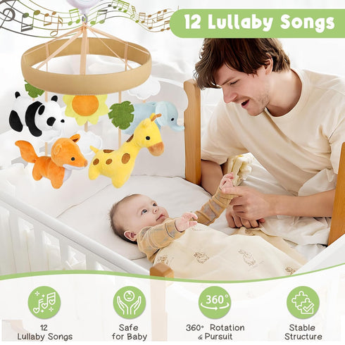 12 Animals Baby Crib Mobile - Safari Baby Mobile for Crib with Lullabies for Boys & Girls, Nursery Mobiles, Fits