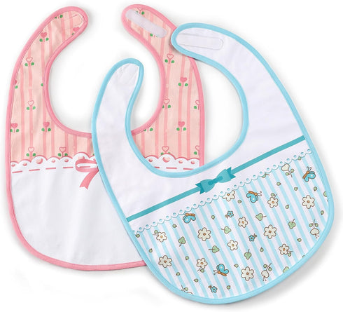 Littleforbig Cotton Waterproof Babydoll Printed Floral Adult Bib with Adjustable Velcro Closure 2-Pack Pink and Blue