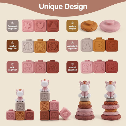 Nueplay 13 Pcs Building Circle & Blocks, Stacking Baby Toys with Horse Figure, Teething Gifts for 6-18 Months