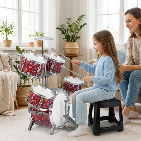 Set 3-5 4-6 5-7 Kids Drum for Toddlers Musical Jazz Drum with Stool Toys for Boys Girls Birthday, Red