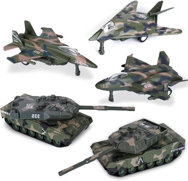 Crelloci 5 Pack Die Cast Fighter Jet Tank Toy, Pull Back Army