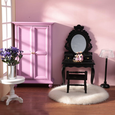 Minamzee 5Pcs 1:12 Set, Dollhouse Wardrobe Furniture Miniature Purple Openable Wardrobe, Dresser with Stool, Floor Lamp
