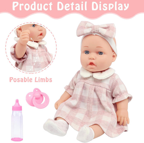 12 6-Piece Packaged Baby Doll Classic Checkered Dress & Accessories Gift Box Soft Realistic Lifelike Baby Dolls