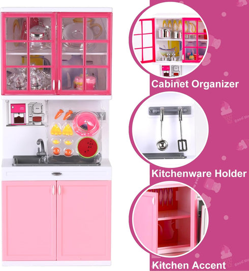 Doll Kitchen Playset for Kids - My Modern Mini Kitchen House Furniture Toy Accessories Set with Realistic Lights &