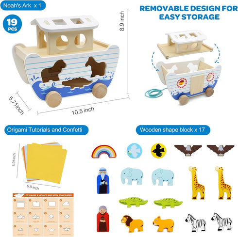 Set, 2-4 bpmfkid Noah's Ark Wooden Toy Educational Wooden Animal Toys for Toddlers, Montessori Shape Sorter Educational