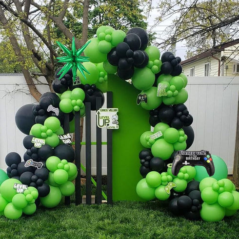 144Pcs Video Game Balloon Arch Garland Kit: Green Black Silver Mylar Balloons for Boys Kids Game On Birthday Party
