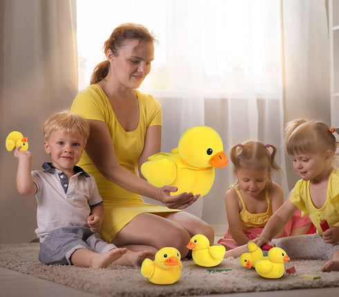 14" Playset 5pcs Yellow Duck Stuffed Animal with Babies, Ducky Plush with Zipper Pocket, Ducklings Toys Plushie