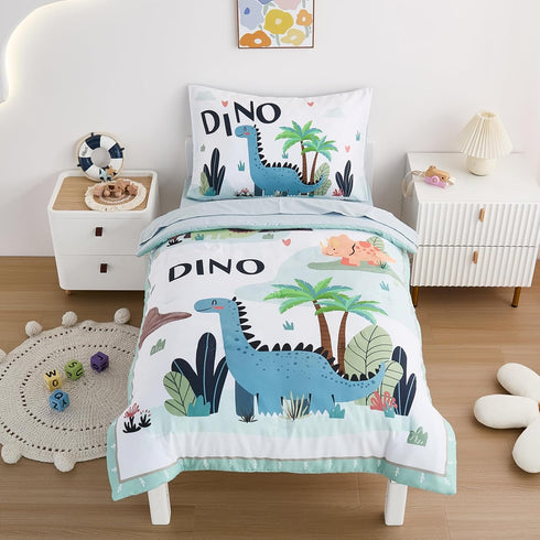 4-Piece Set Set Dinosaur Toddler Bedding for Boys - Soft & Skin Friendly Toddler Bed Includes Toddler Comforter, Flat