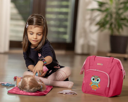 HappyVk Baby Doll Diaper Bag with Doll Changing Pad - Handbag for Girls, Owl Embroidery