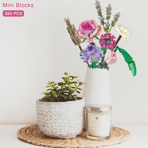 Sets 8+ 8-12 (393PCS) Chodia Flower Bouquet Building Blocks for Adults Mini Pink Rose Lavender Botanical Toys Kits