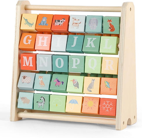 FReniland Wooden Activity Cube - Double-Sided Abacus & Alphabet Flip Tiles for