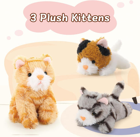 Muiteiur 4 Piece Cats Stuffed Animals - 15.7 inch Mom Plush Cat with 3 Kittens in Zipper Pouch, Cute Gift