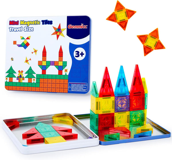 Gemmicc 58 PCS Mini Magnetic Tiles, Travel Magnet Construction Toys with Metal