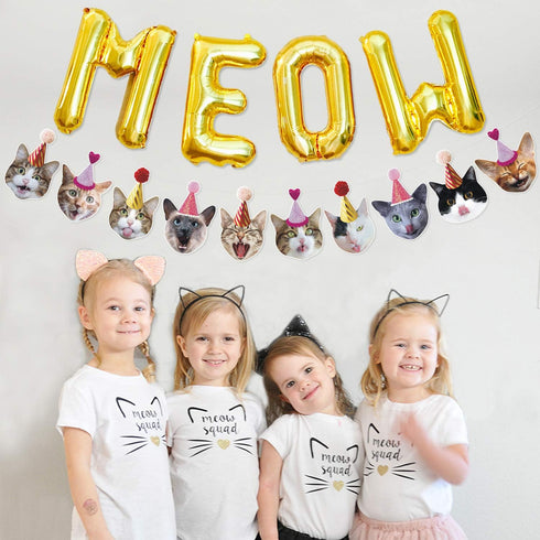 Bessmoso Funny Cat Party Garland, Meow Letter Balloons Cats Faces Banner for Cat Theme Party
