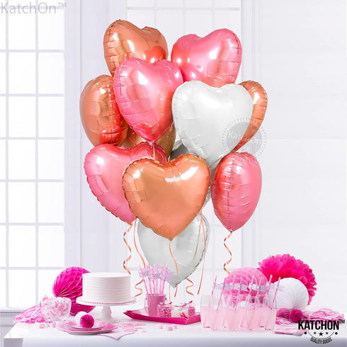 KatchOn Pack of 12 Rose Gold, White Pink Heart Balloons - 18 Inch Heart Shaped Balloons for Love Decorations