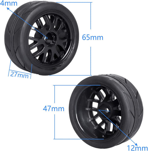 Pre-Glued OD 2.56" 12mm Hex Wheels Rims & Rubber Tires - 26mm for 1/10 Scale On Road Racing Car, Set of 4