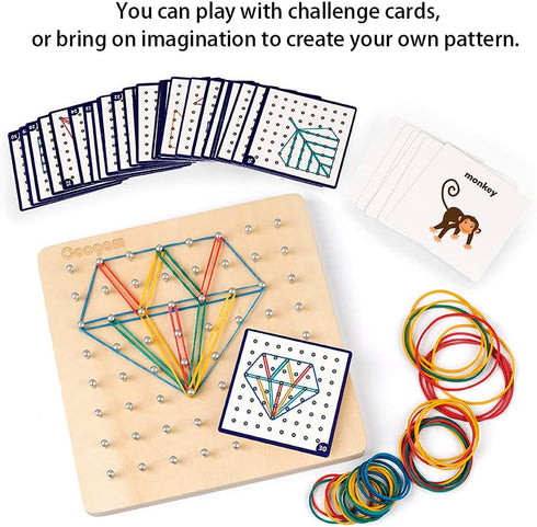 Coogam Wooden Geoboard, 8x8 Graphical Educational Toy with 30Pcs Pattern Cards and Latex Bands for Kids