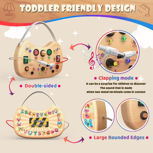 1-3 UdoUto Montessori Wooden Busy Board for Toddlers with LED Light Lights & Switches,Portable Activity Board for Car