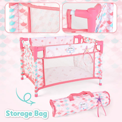 deAO Baby Doll Stroller Crib Bed Nursery Role Play Set, Baby Doll Accessories with Travel Cot and Foldable Stroller