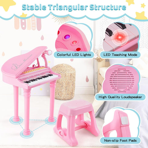 31 Costzon Kids Piano, Key Mini Grand Piano Toy Keyboard with Microphone, Stool & Lights, Portable Electronic Piano