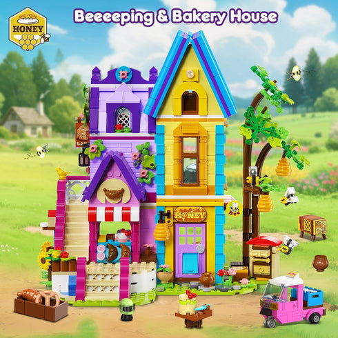 1084PCS Set 8-12+ HOGOKIDS Girls Friends Baking House Building Toy with LED Light - Beekeeping & Bakery Building