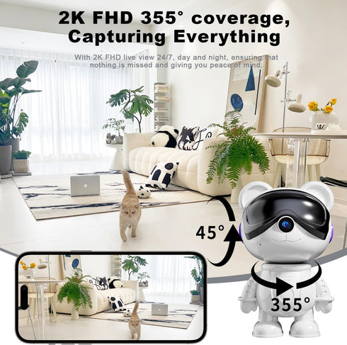 dzcctvipc Bear-2K Mode,5G Vision,24/7 Recording,2-Way -Cute Wireless-Smart Robot-Home Security - Camera,Nanny & Pet