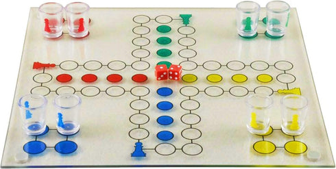 Ludo Drinking Game (Parcheesi) with 16 Shot Glasses, 2 Dice & Glass Game Board