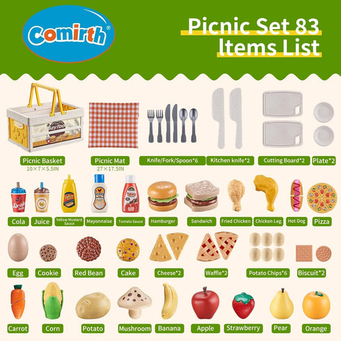 Sets Play Food for Kids Kitchen, Wheat Straw Pretend Food Toys with Kids Picnic Basket and Picnic Blanket, Cutting Toy