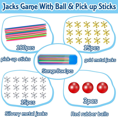 ZeeDix 90 Pcs Pick Up Sticks with 3 Sets Retro Metal Jacks Kit, Classic Fun Game Gift of Jacks for Kids