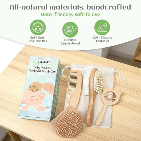 Set, 5 Pack Baby Hair Bush and Comb Wooden Baby Brush with Soft Goat Bristle for Newborns and Toddlers, Perfect