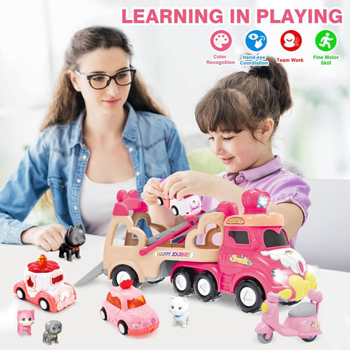 seveclotree 9 1 1-4 in Carrier Truck Cars Toys - Pink Princess Girl Car with Light and Sound - Toddler Toys Age
