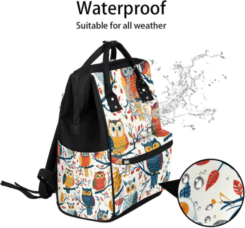 Hsnar Backpack Colorful Owl Decor Waterproof Diaper Bag Large Capacity Baby Bag with Stroller Straps, Multi-Pocket
