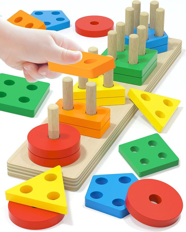 Montessori Toys for 1 2 Year Old Boy and Girl, Colorful Shape Sorter Wooden Toys, Toddler Gifts, Educational Puzzles