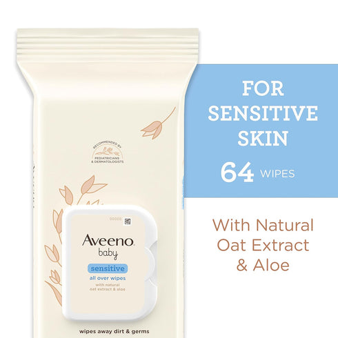 64 pack Aveeno Baby Sensitive All Over Wipes with Aloe & Natural Oat Extract for Face, Bottom, Hands & Body
