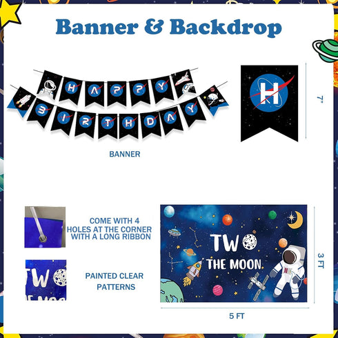 Fiesec 130 Two the Moon Birthday Boy PCs Outer Space Second Birthday Party Supplies with Backdrop, Cake Topper