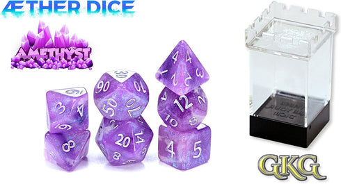 Gate Keeper Games Aether Dice: Amethyst, 7pc Set, Purple & White Glitter Swirl Resin Dice for RPGs