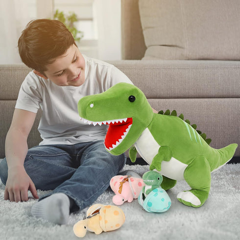 Tezituor Giant Dinosaur Stuffed Animal, 23.6'' Big T-Rex Mommy Plush Toy with 3 Baby Dinosaurs & Egg Bags