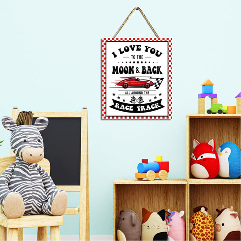 Gwisml Race Car Wall Decor for Boys Room,Race Car Themed Hanging Wood Plaque Sign for Door Decor,I Love You to the Moon