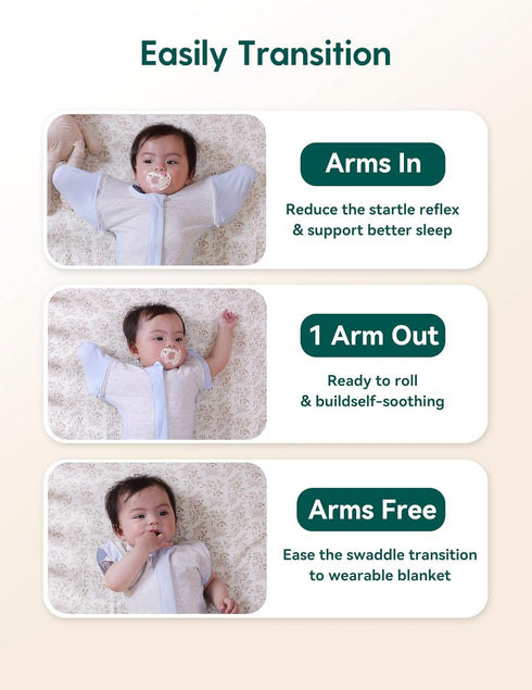 2-Way BABELIO Detachable Zip Sleeves Swaddle Temp-Sensing Baby Transitional Swaddle Arms Up Zipper Sleep Sack Soft Blue