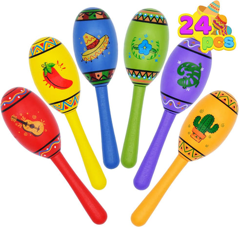JOYIN 24 Mini Wooden Fiesta Maracas, 6 Designs Noisemaker for Mexican Fiesta, Birthday Parties, Luau Party Favors