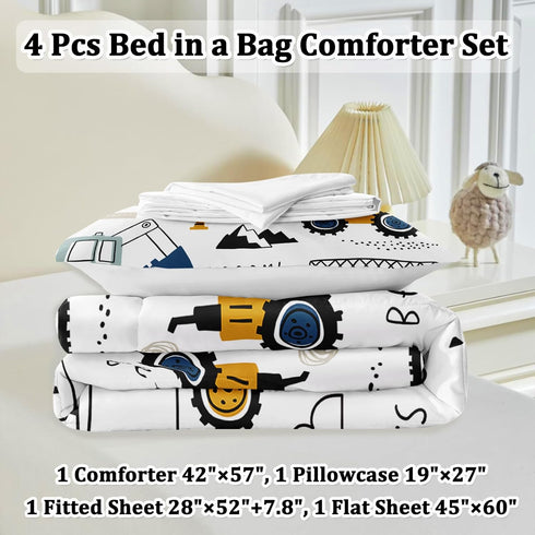 Set 4-Piece Set Toddler Bedding for Boys - Truck Bedding Comforter for Kids, Soft Comfort Construction Vehicle Bedding