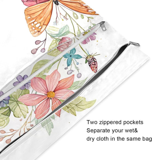 Gravopti Set 2, Flower Butterfly Wet Dry Bags of Reusable Waterproof Organizer with Zipper Pockets for Baby Diapers