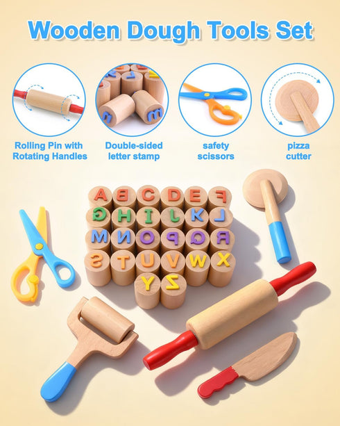 26 36 Wooden Dough Tools Kit for Kids, Dough Accessories with Rolling Pins, Pizza Cutter, Safety Scissors & Letter