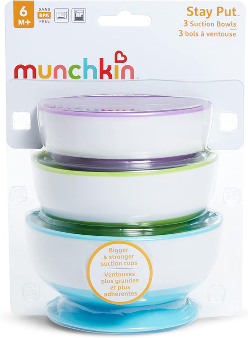 Munchkin Stay Put Suction Bowls, 3 Pack - Baby and Toddler, Blue/Green/Purple